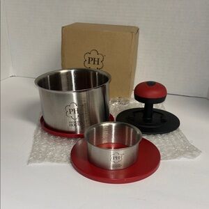Princess House Stainless Steel Burger Press with Red and Black Accents